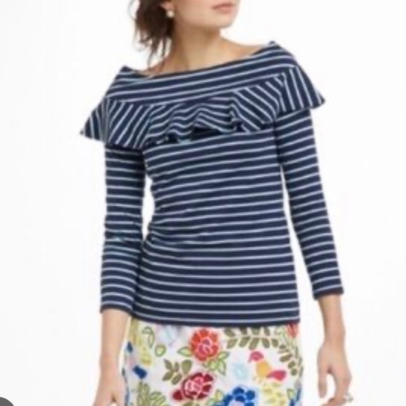 Anthropologie  Leifnotes navy and aqua 3/4 length sleeves top with ruffle - Picture 1 of 12